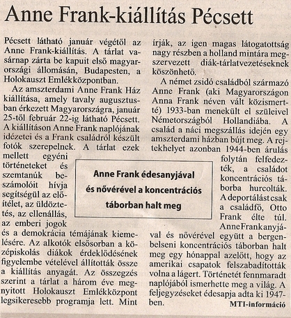 Anne Frank-kiállítás Pécsett